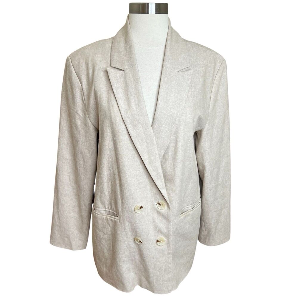 Old Navy Blazer Womens Medium Beige Linen Blend Double Breasted Oversized